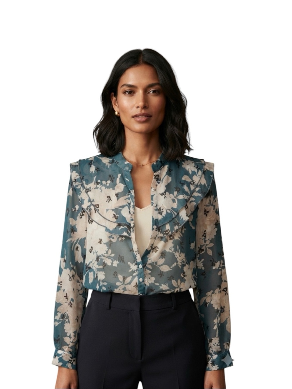 Zara Teal and Off-White Floral Ruffle Collar Blouse Size S